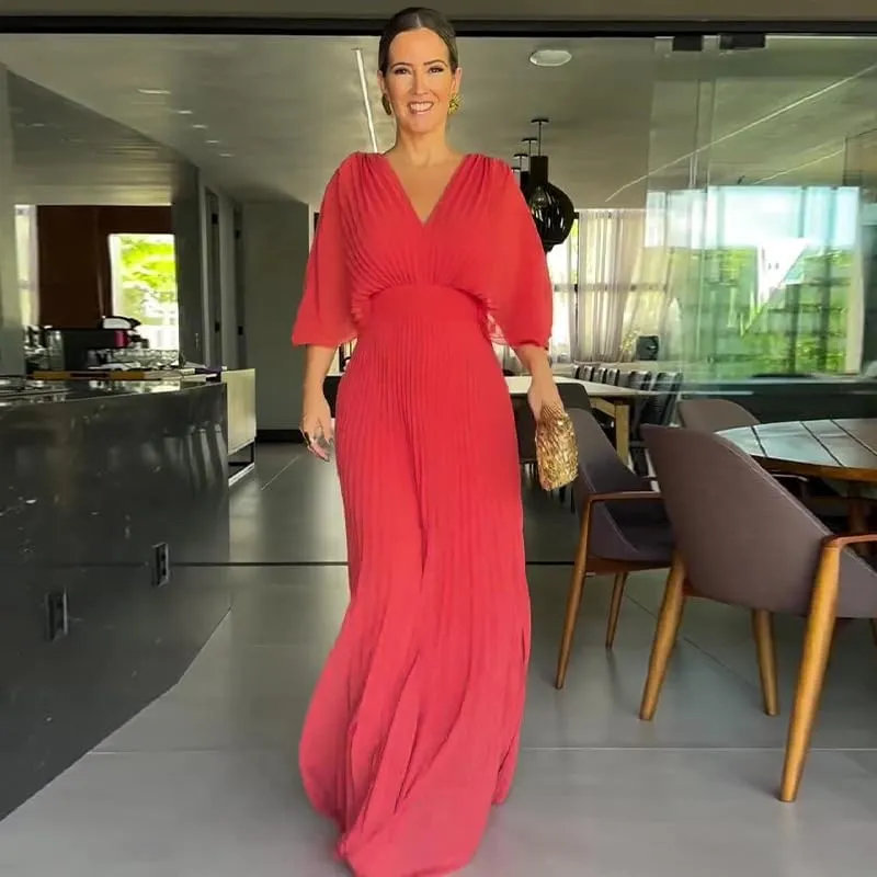Evening Maxi Dresses for Women 2024 Batwing Sleeve V Neck High Waist Pleated Long Sundress Flowy Formal Dress