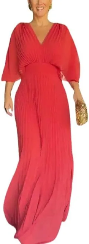 Evening Maxi Dresses for Women 2024 Batwing Sleeve V Neck High Waist Pleated Long Sundress Flowy Formal Dress