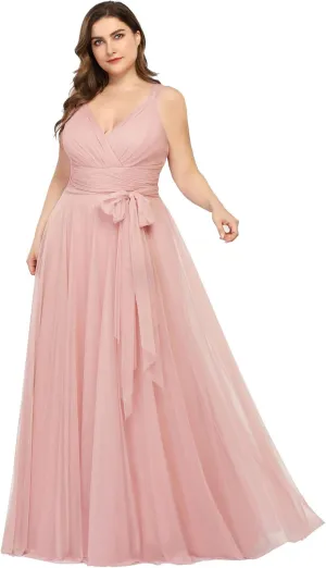 Ever-Pretty Plus Women's V-Neck Wrap Empire Waist Sash Tulle A-line Plus Size Bridesmaid Dresses 07303-DA