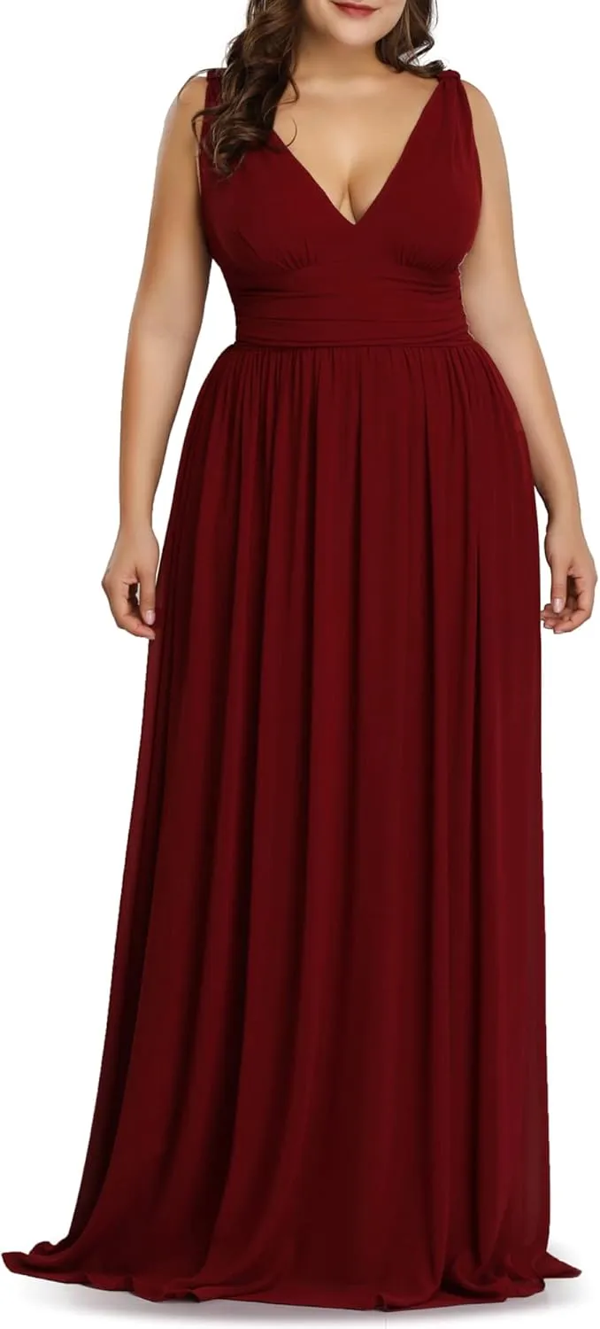 Ever-Pretty V Neck Sleeveless Pleated Chiffon Maxi Plus Size Formal Dresses for Women Bridesmaid Dresses 09016-DA