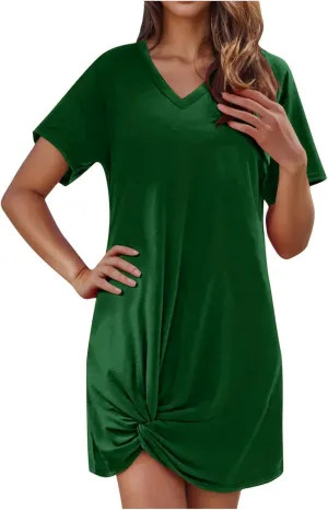 Finelylove Beach Dresses for Women 2025 Casual Short Sleeve V Neck Loose Cover Up Mini Dress 2025 Summer Vacation Outfits