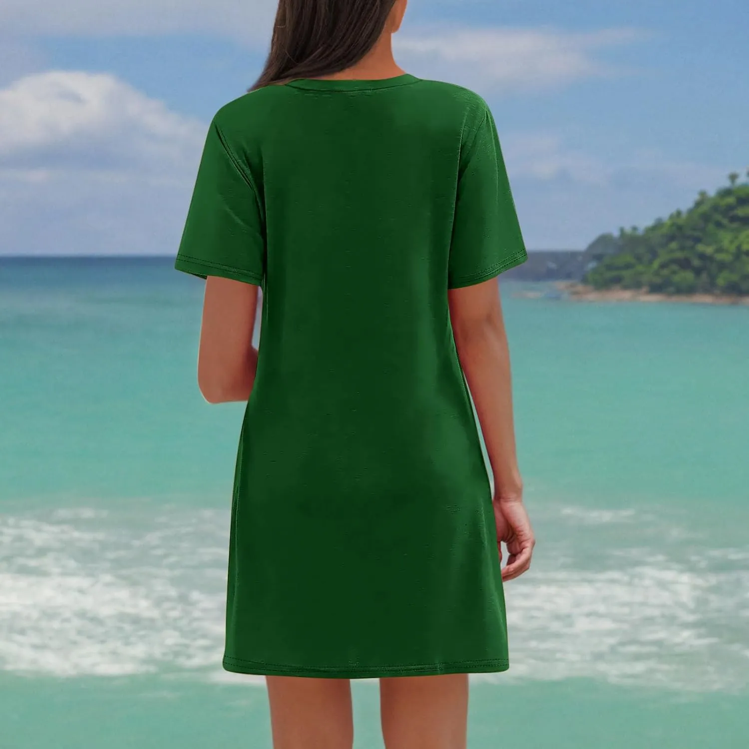 Finelylove Beach Dresses for Women 2025 Casual Short Sleeve V Neck Loose Cover Up Mini Dress 2025 Summer Vacation Outfits
