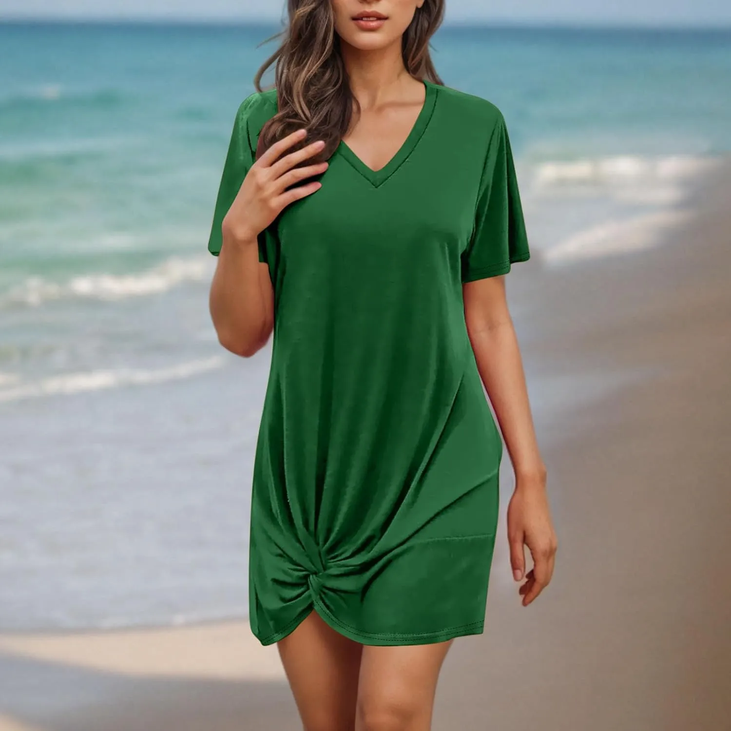 Finelylove Beach Dresses for Women 2025 Casual Short Sleeve V Neck Loose Cover Up Mini Dress 2025 Summer Vacation Outfits