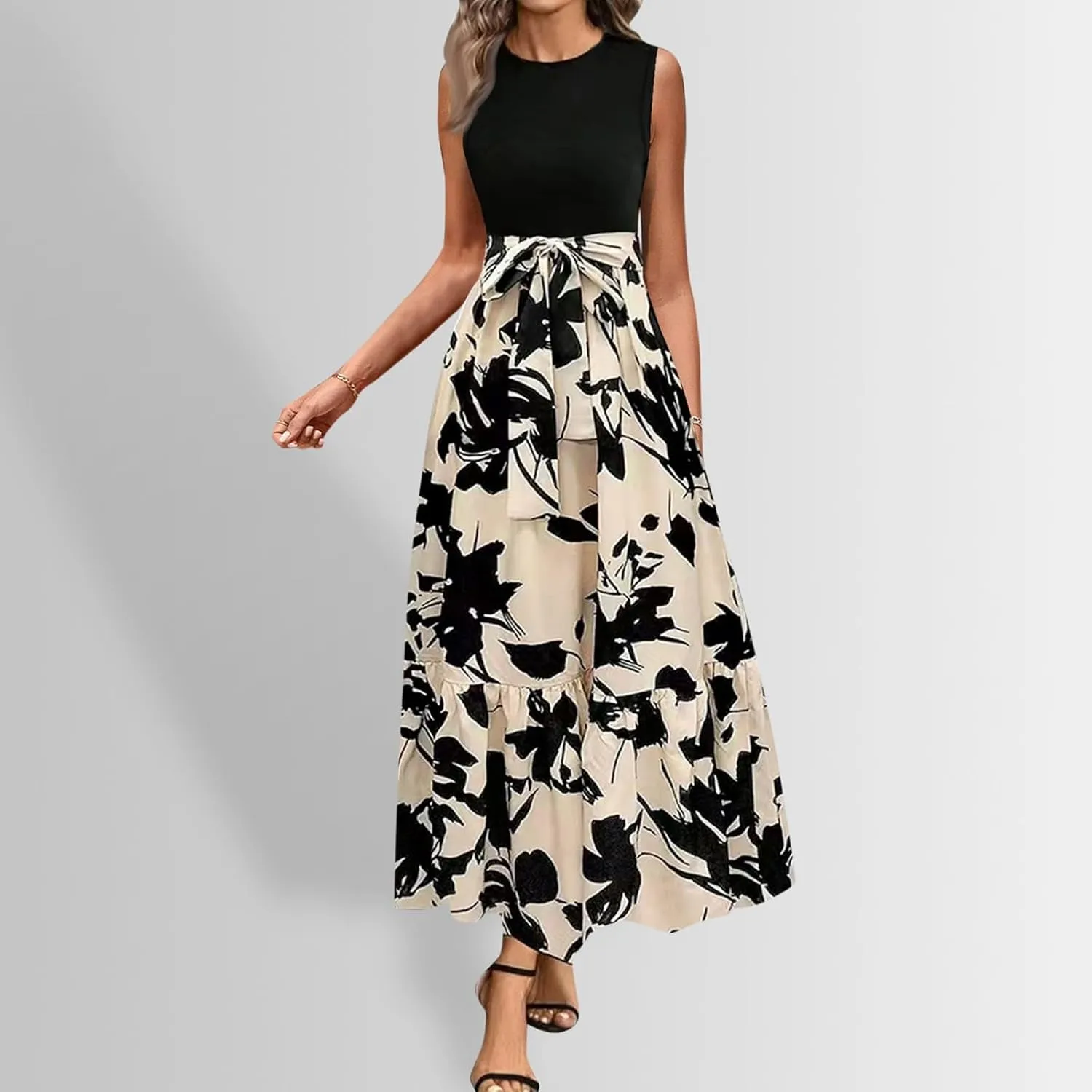 Finelylove Long Maxi Dresses for Women 2025 Boho Floral Tie Belted Patchwork Empire Waist Sleeveless Modest Flowy Dress
