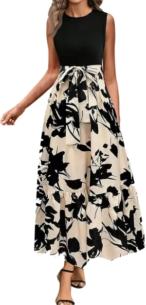 Finelylove Long Maxi Dresses for Women 2025 Boho Floral Tie Belted Patchwork Empire Waist Sleeveless Modest Flowy Dress