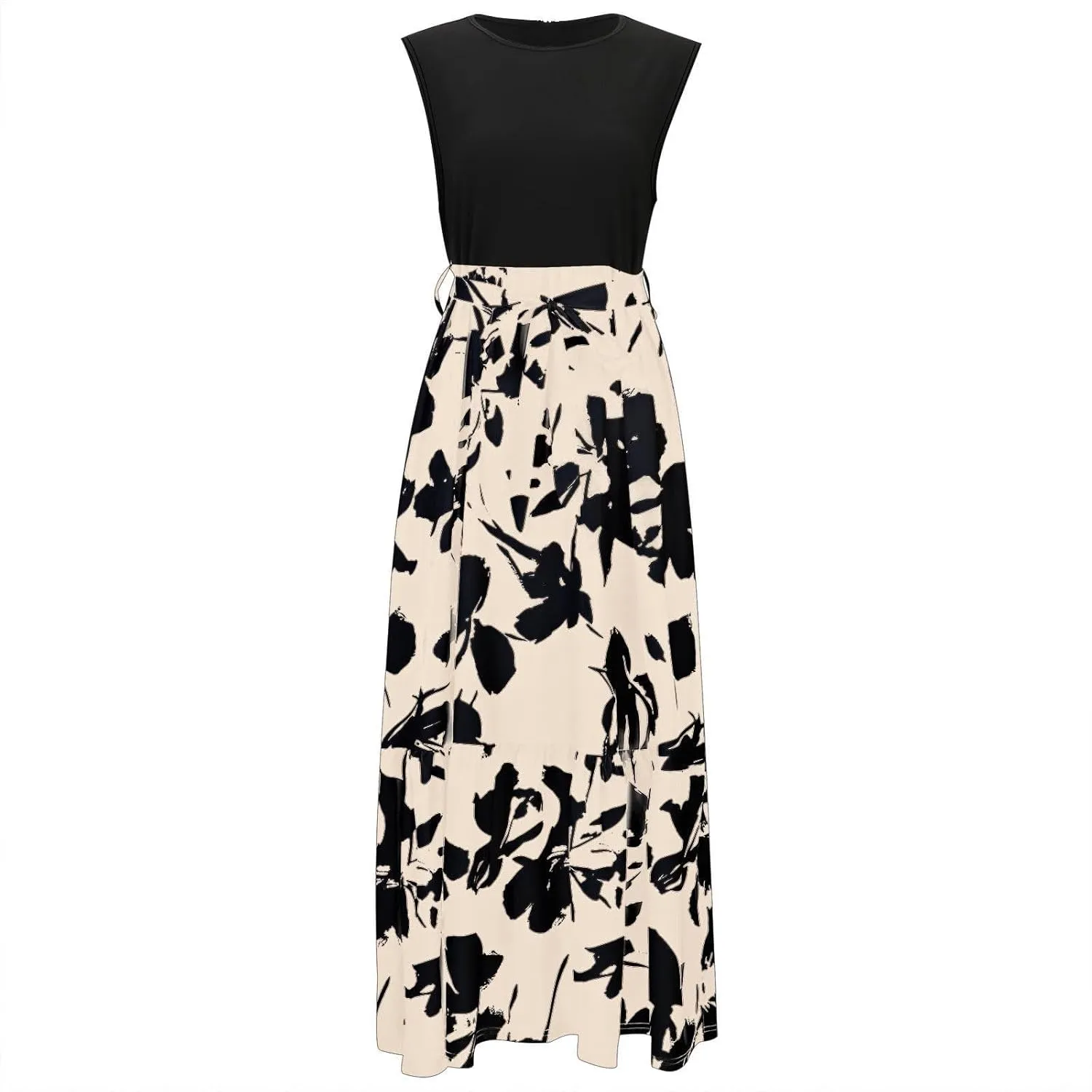 Finelylove Long Maxi Dresses for Women 2025 Boho Floral Tie Belted Patchwork Empire Waist Sleeveless Modest Flowy Dress