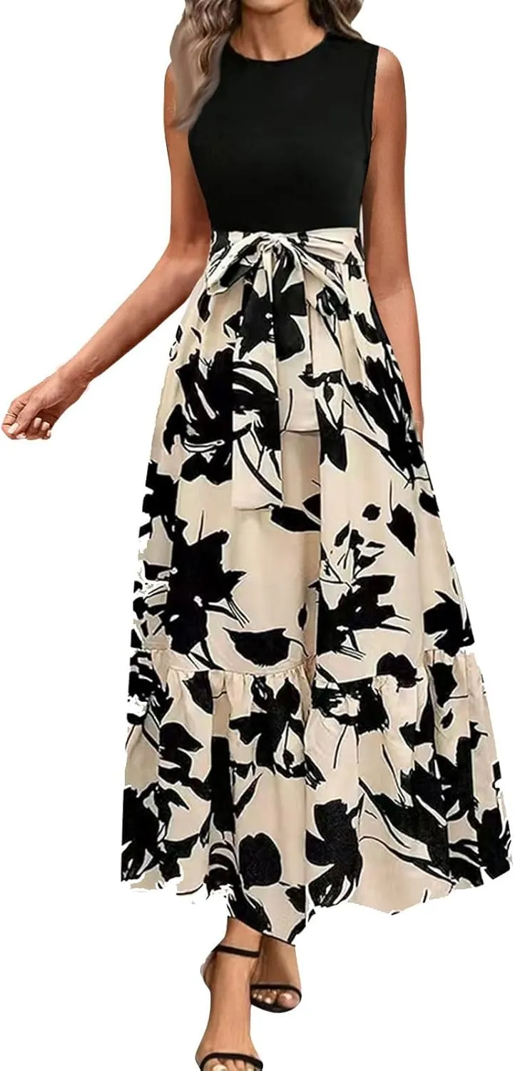 Finelylove Long Maxi Dresses for Women 2025 Boho Floral Tie Belted Patchwork Empire Waist Sleeveless Modest Flowy Dress