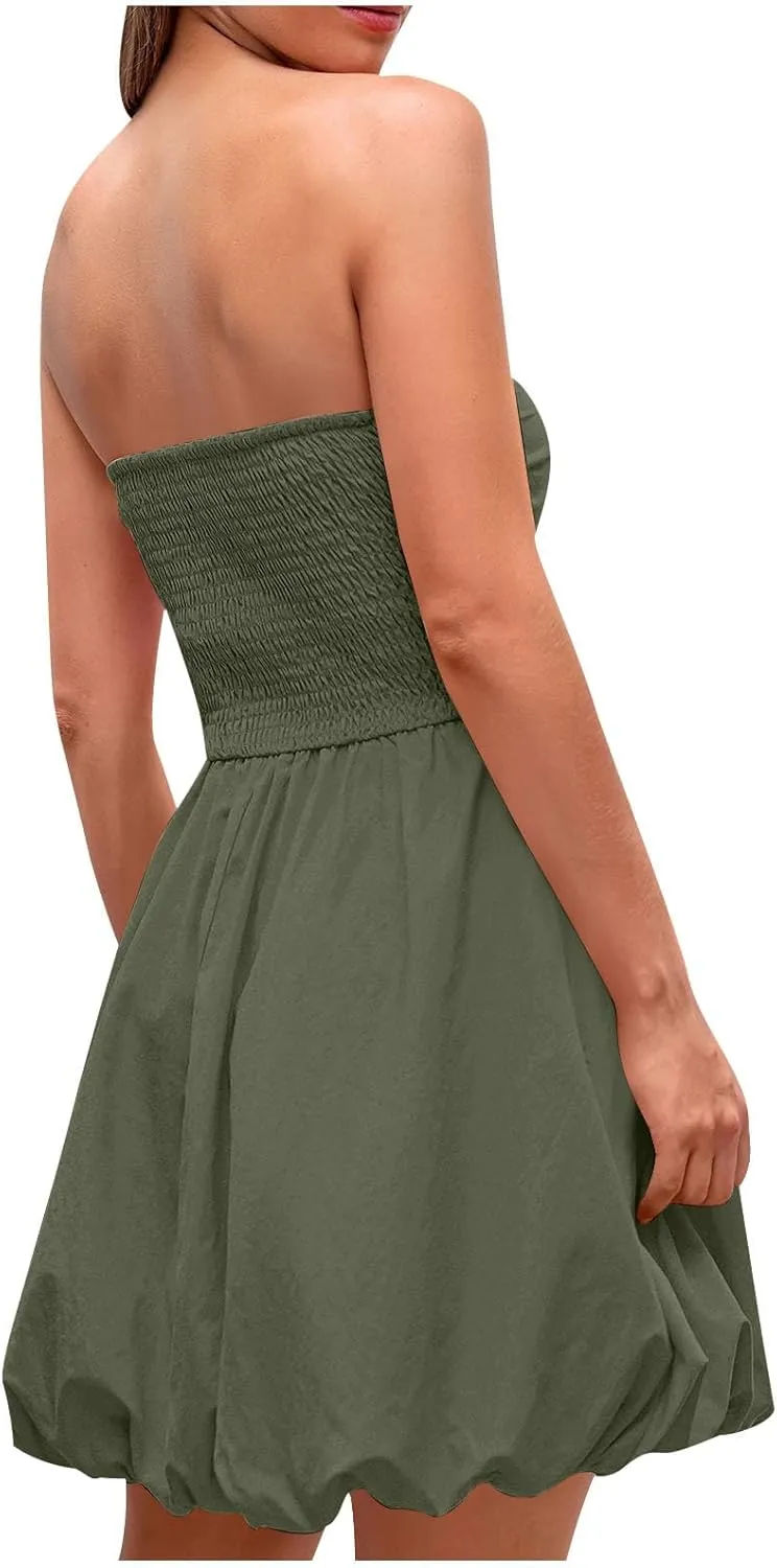 Finelylove Summer Dresses for Women 2025 Tube Strapless Mini Dress Off Shoulder Smocked A Line Ruffle Flowy Party Dresses