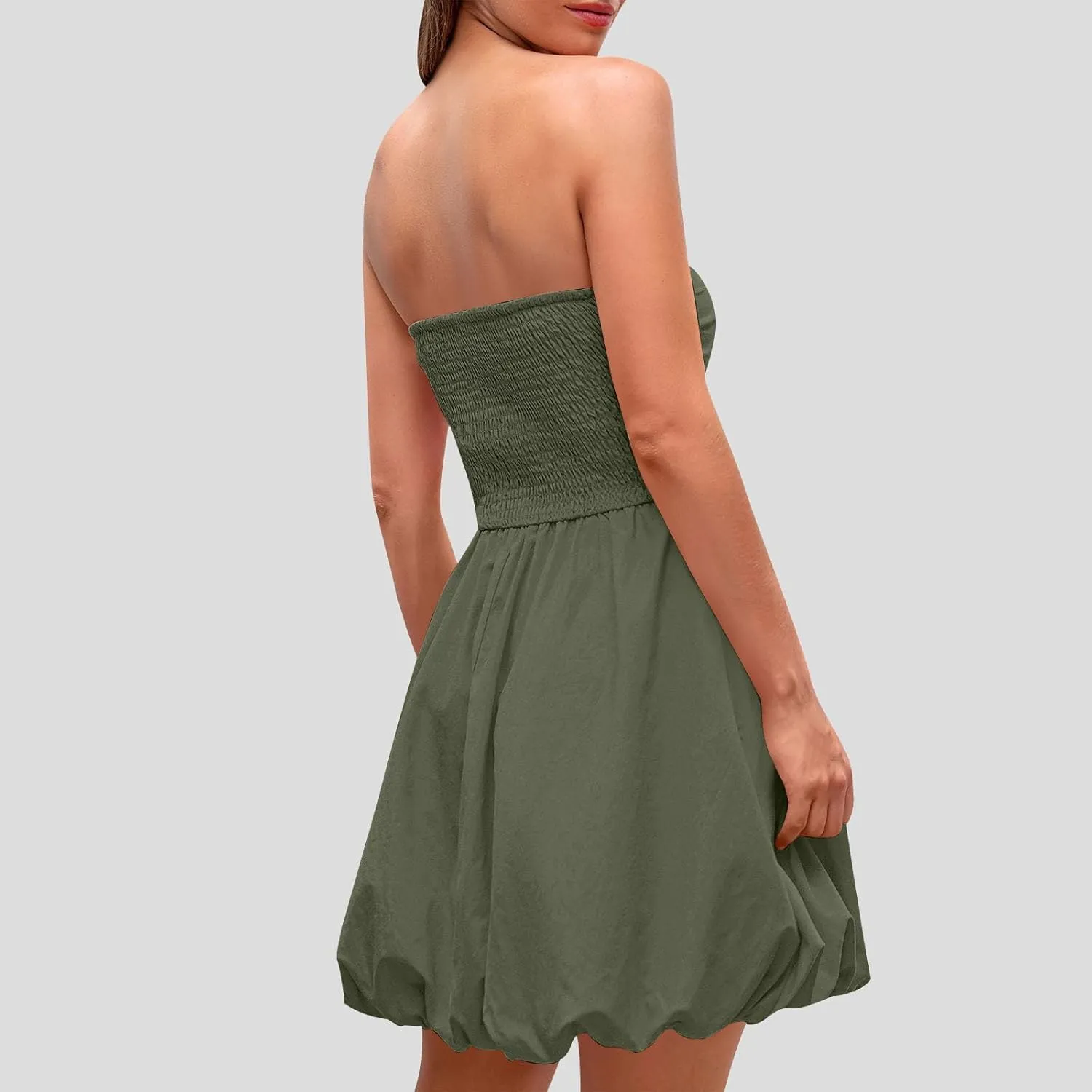 Finelylove Summer Dresses for Women 2025 Tube Strapless Mini Dress Off Shoulder Smocked A Line Ruffle Flowy Party Dresses