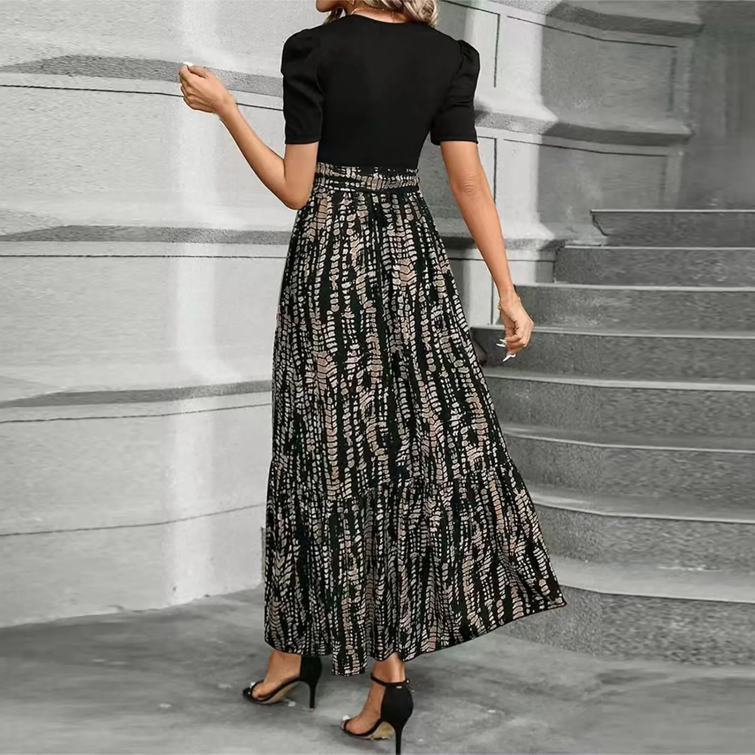 FlekmanArt Dresses for Women 2025 Elegant Boho Tie Belted Patchwork Empire Waist Short Sleeve Modest Crewneck Maxi Dress