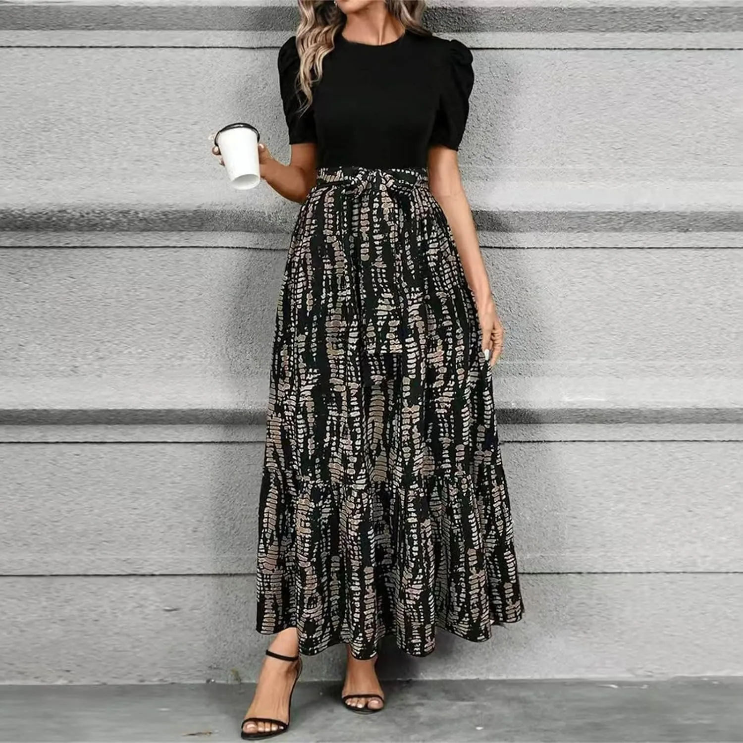 FlekmanArt Dresses for Women 2025 Elegant Boho Tie Belted Patchwork Empire Waist Short Sleeve Modest Crewneck Maxi Dress