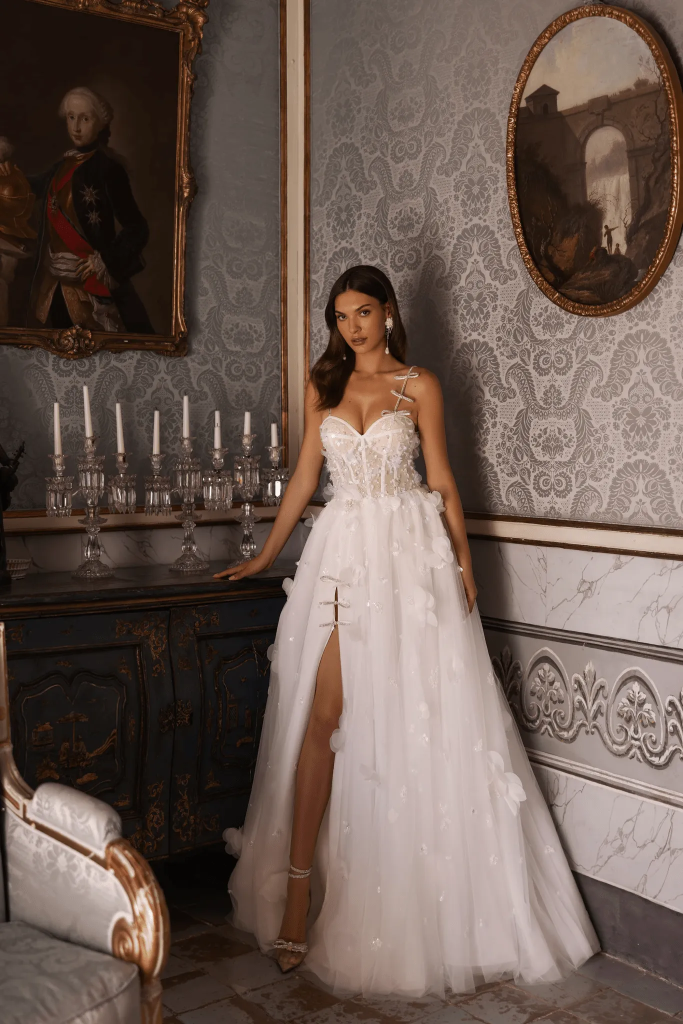 Floral Corset Wedding Dress with Bow Accents - Romantic Whimsical Wedding Dress with High Slit Plus Size