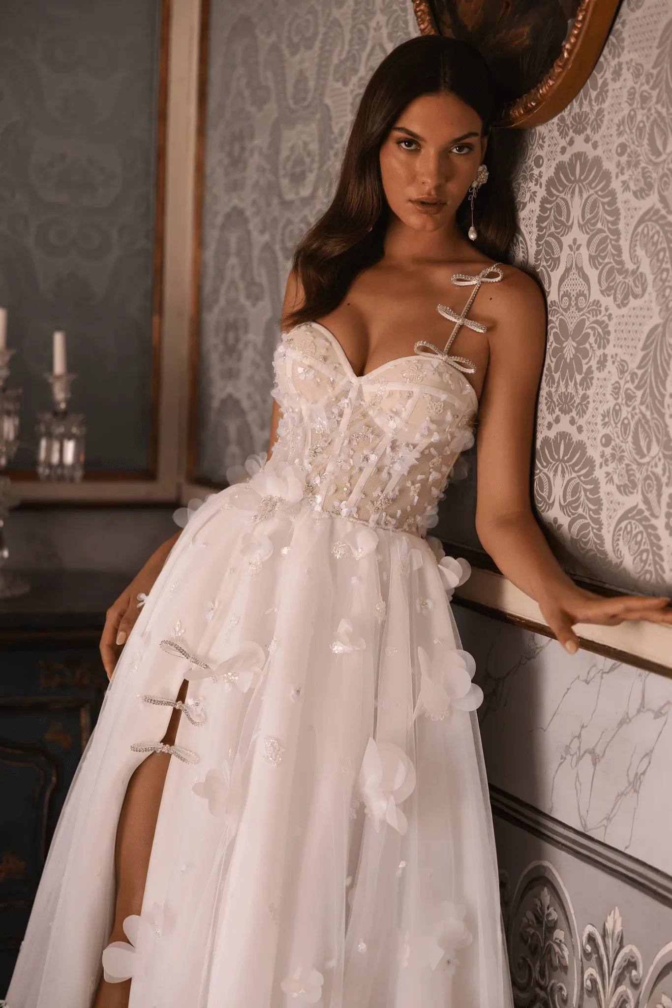 Floral Corset Wedding Dress with Bow Accents - Romantic Whimsical Wedding Dress with High Slit Plus Size