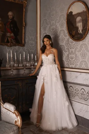 Floral Corset Wedding Dress with Bow Accents - Romantic Whimsical Wedding Dress with High Slit Plus Size