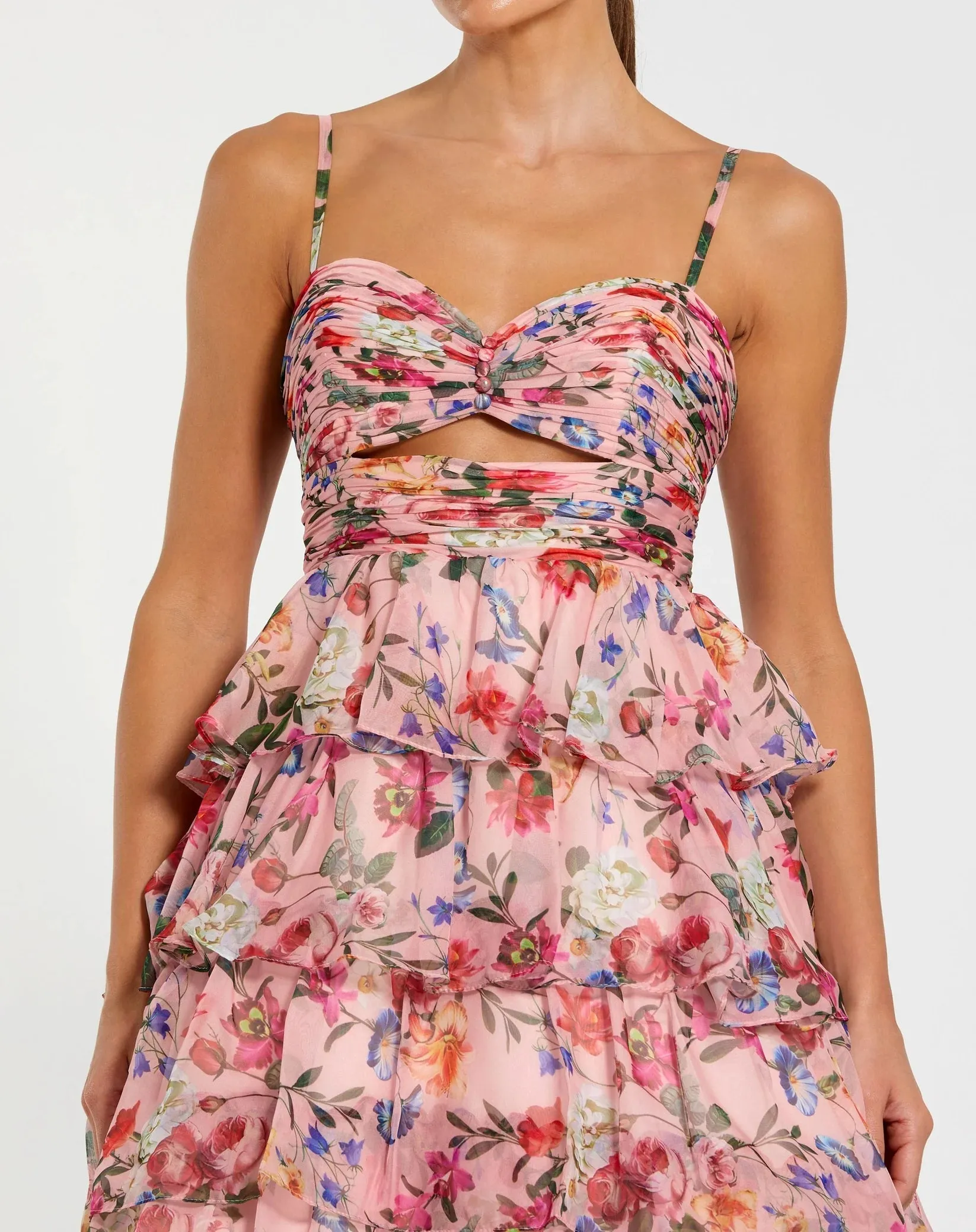 Floral Cut Out Ruffle Tiered Gown - Blue