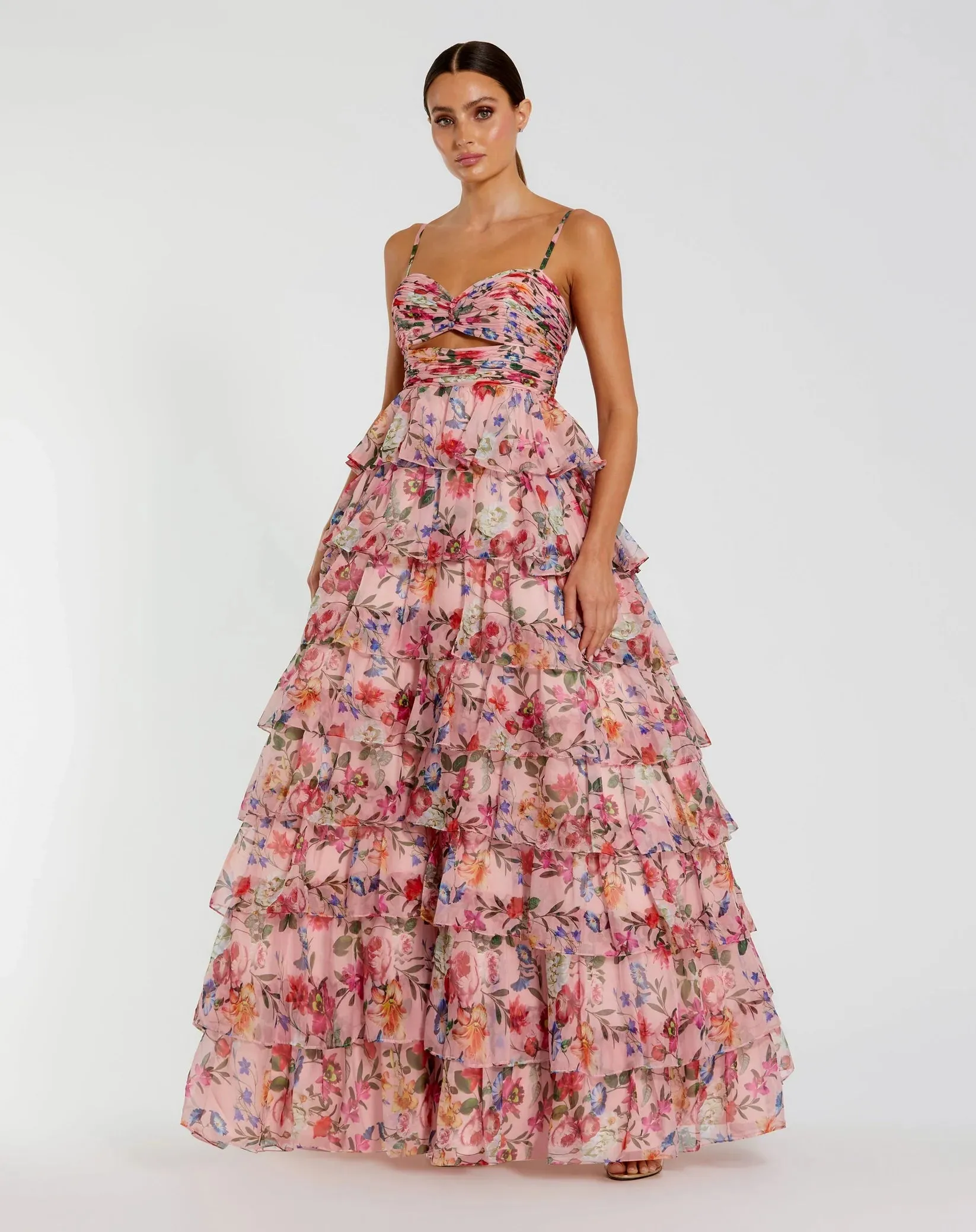 Floral Cut Out Ruffle Tiered Gown - Blue