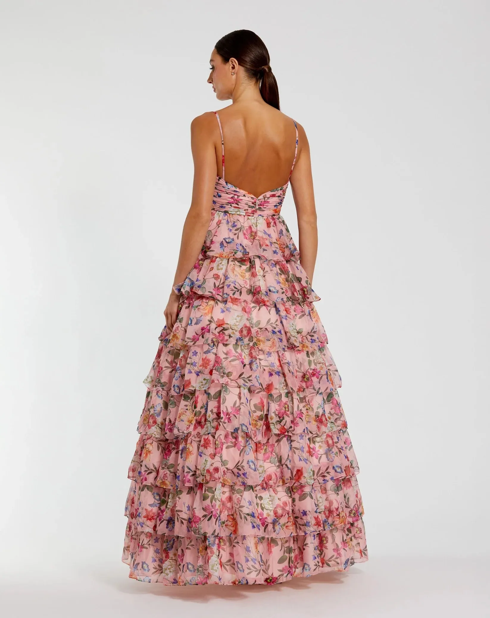 Floral Cut Out Ruffle Tiered Gown - Blue