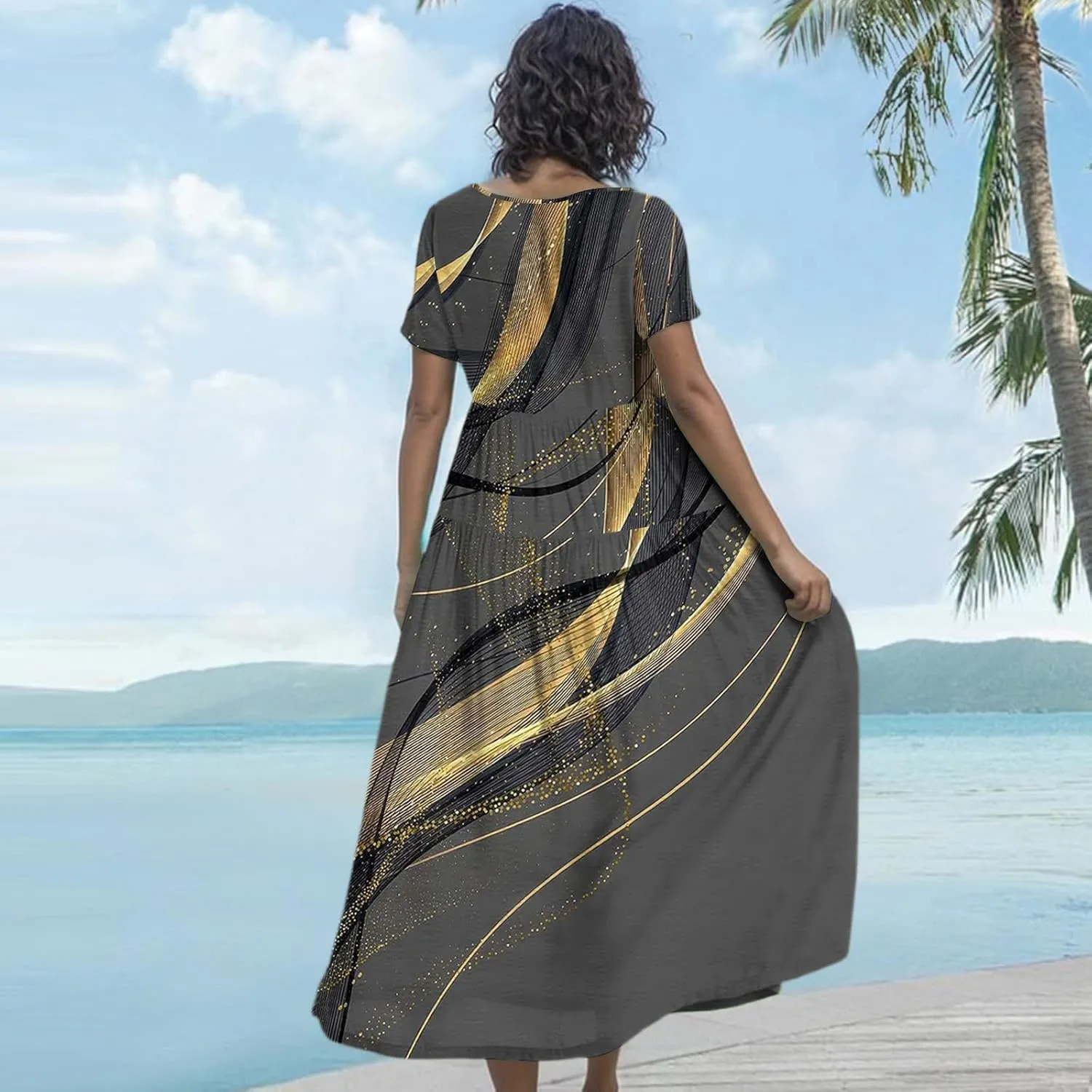 Floral Dress for Women Casual Loose Bohemian Tiered Swing Long Maxi Dresses Short Sleeve Summer Beach Sundress