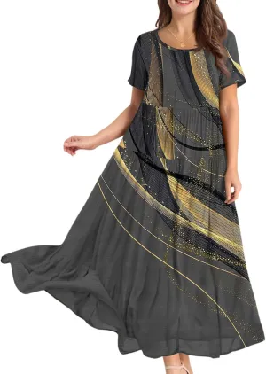 Floral Dress for Women Casual Loose Bohemian Tiered Swing Long Maxi Dresses Short Sleeve Summer Beach Sundress
