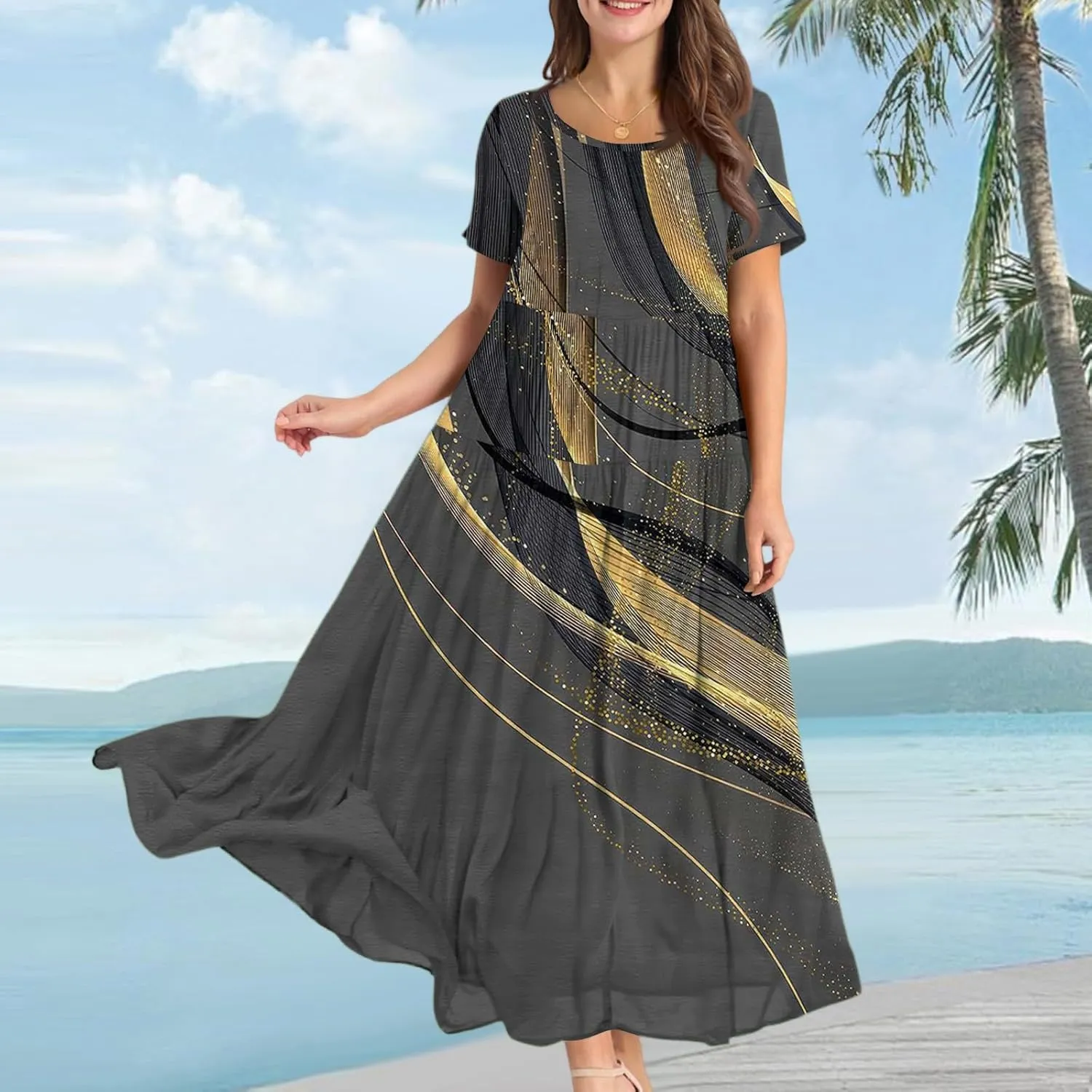 Floral Dress for Women Casual Loose Bohemian Tiered Swing Long Maxi Dresses Short Sleeve Summer Beach Sundress