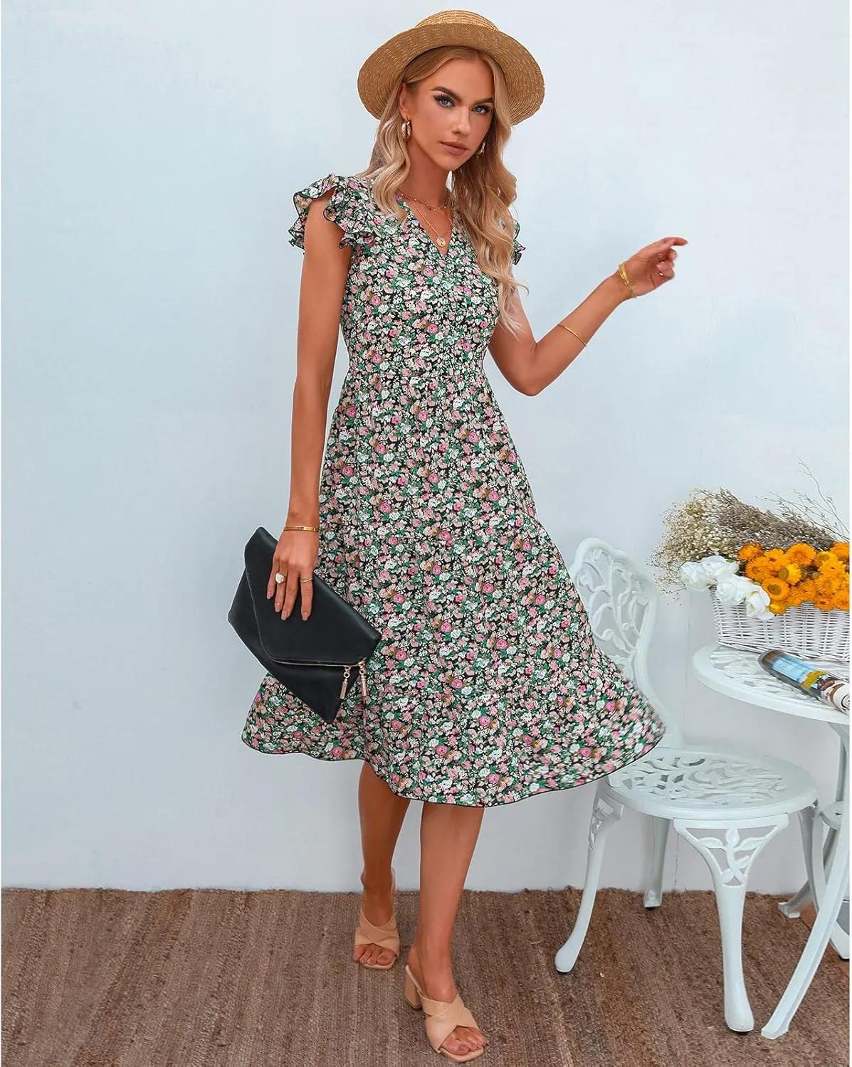 Floral Dress for Women Summer V Neck Flying Sleeve Ruffle Hem Boho Casual Loose Fit Plus Size Maternity Long Dresses