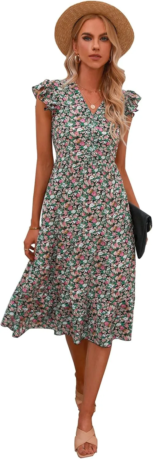 Floral Dress for Women Summer V Neck Flying Sleeve Ruffle Hem Boho Casual Loose Fit Plus Size Maternity Long Dresses