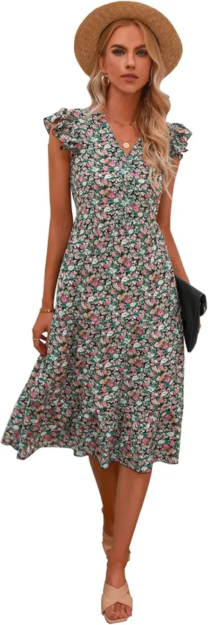 Floral Dress for Women Summer V Neck Flying Sleeve Ruffle Hem Boho Casual Loose Fit Plus Size Maternity Long Dresses