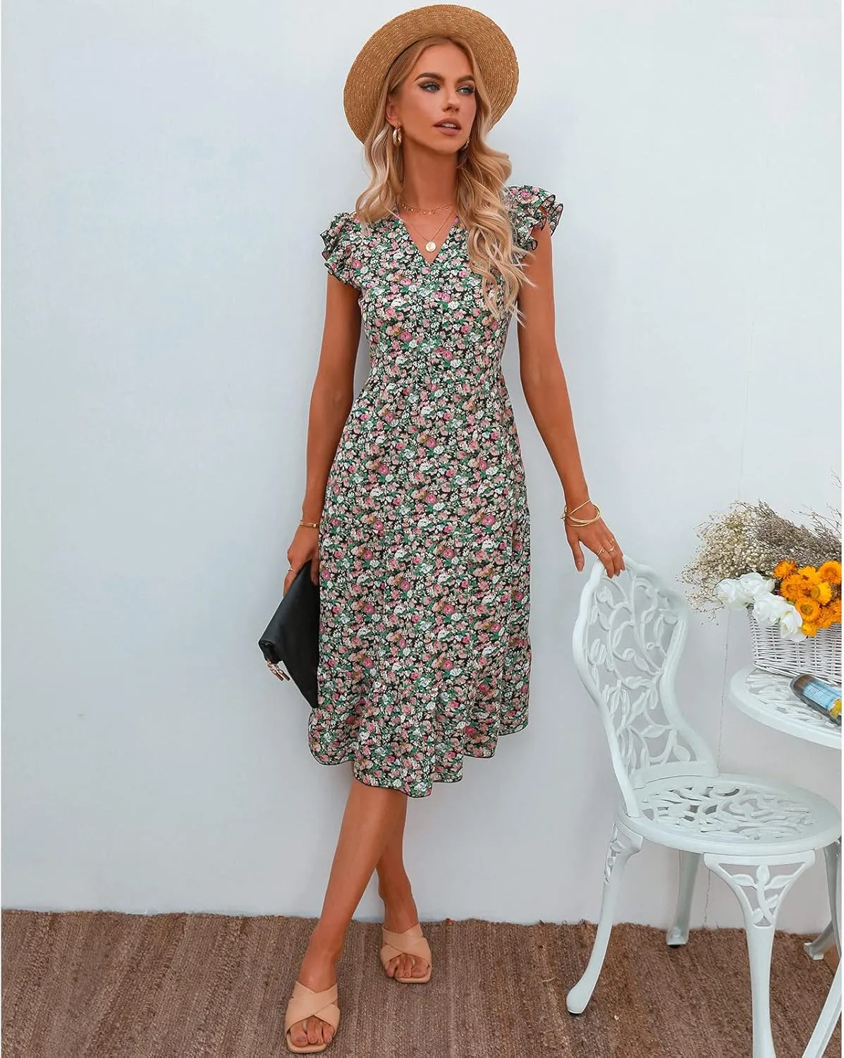 Floral Dress for Women Summer V Neck Flying Sleeve Ruffle Hem Boho Casual Loose Fit Plus Size Maternity Long Dresses