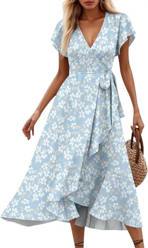 Floral Dresses for Women 2025 Summer Elegant Party Ruffle Midi Dresses Short Sleeve V Neck Asymmetric Hem Fashion Dress