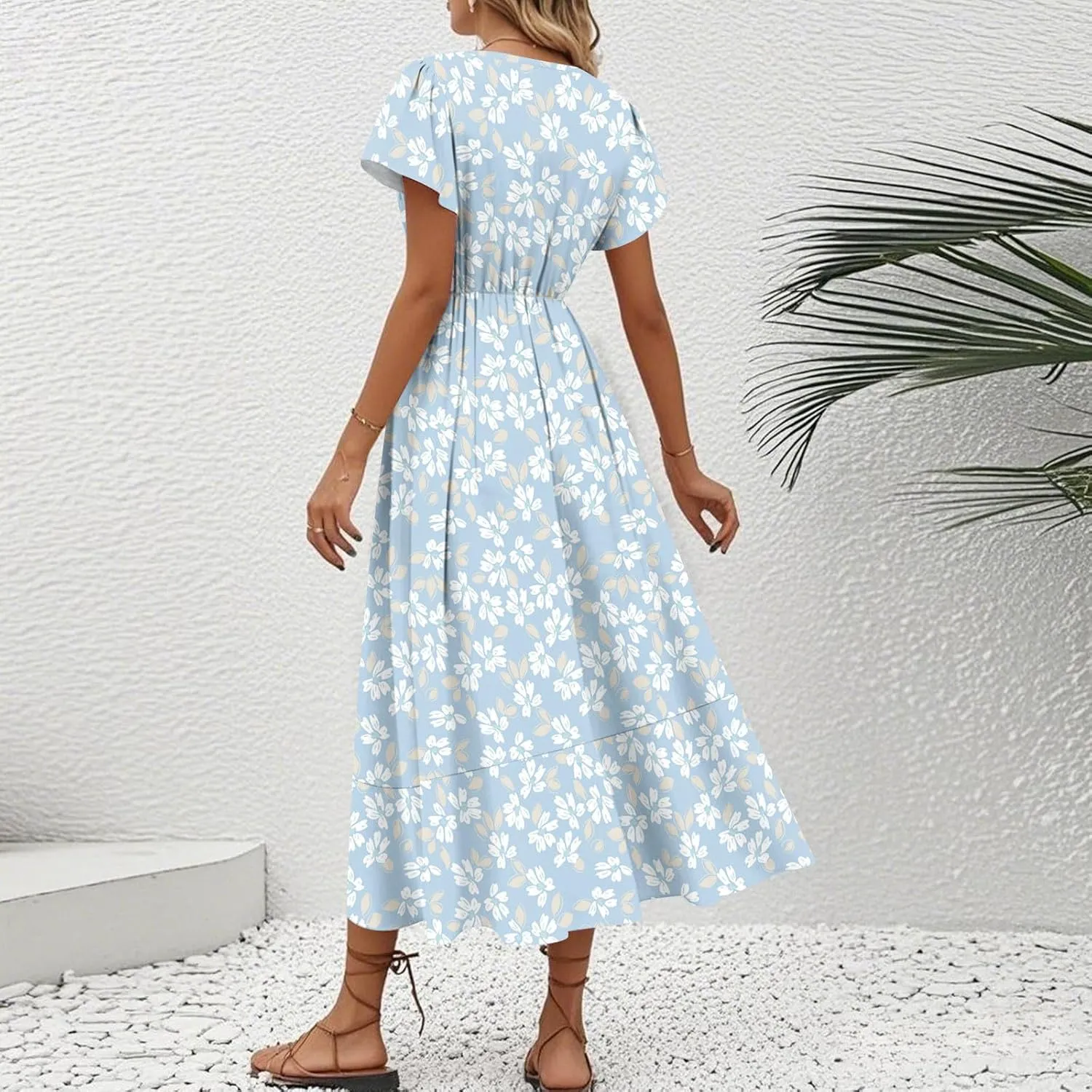 Floral Dresses for Women 2025 Summer Elegant Party Ruffle Midi Dresses Short Sleeve V Neck Asymmetric Hem Fashion Dress