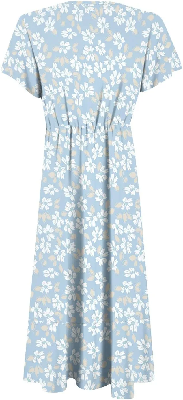 Floral Dresses for Women 2025 Summer Elegant Party Ruffle Midi Dresses Short Sleeve V Neck Asymmetric Hem Fashion Dress