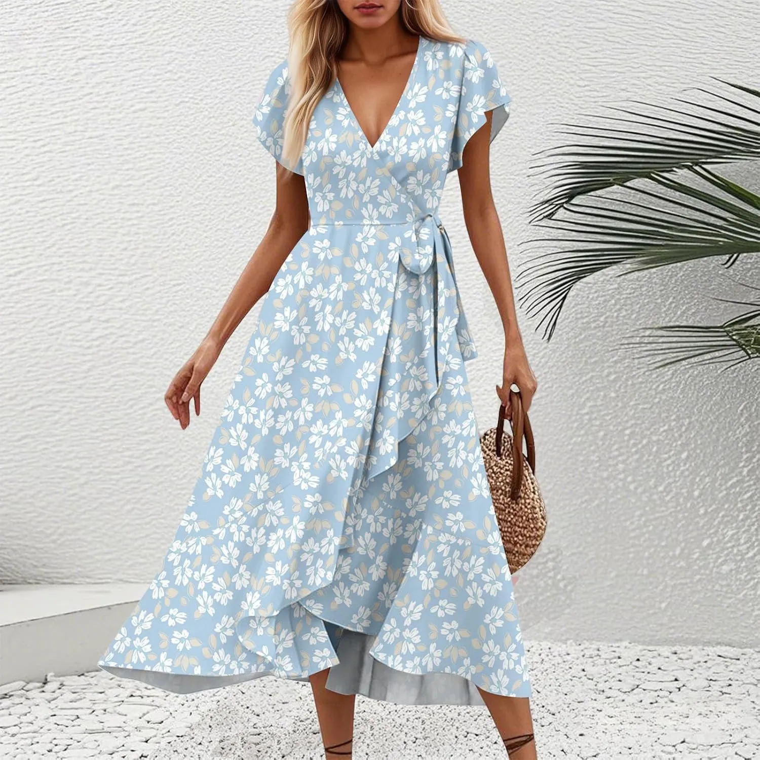 Floral Dresses for Women 2025 Summer Elegant Party Ruffle Midi Dresses Short Sleeve V Neck Asymmetric Hem Fashion Dress