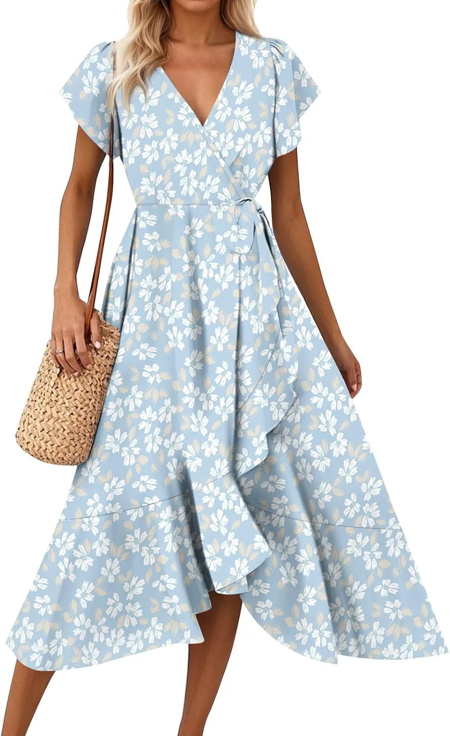 Floral Dresses for Women 2025 Summer Elegant Party Ruffle Midi Dresses Short Sleeve V Neck Asymmetric Hem Fashion Dress