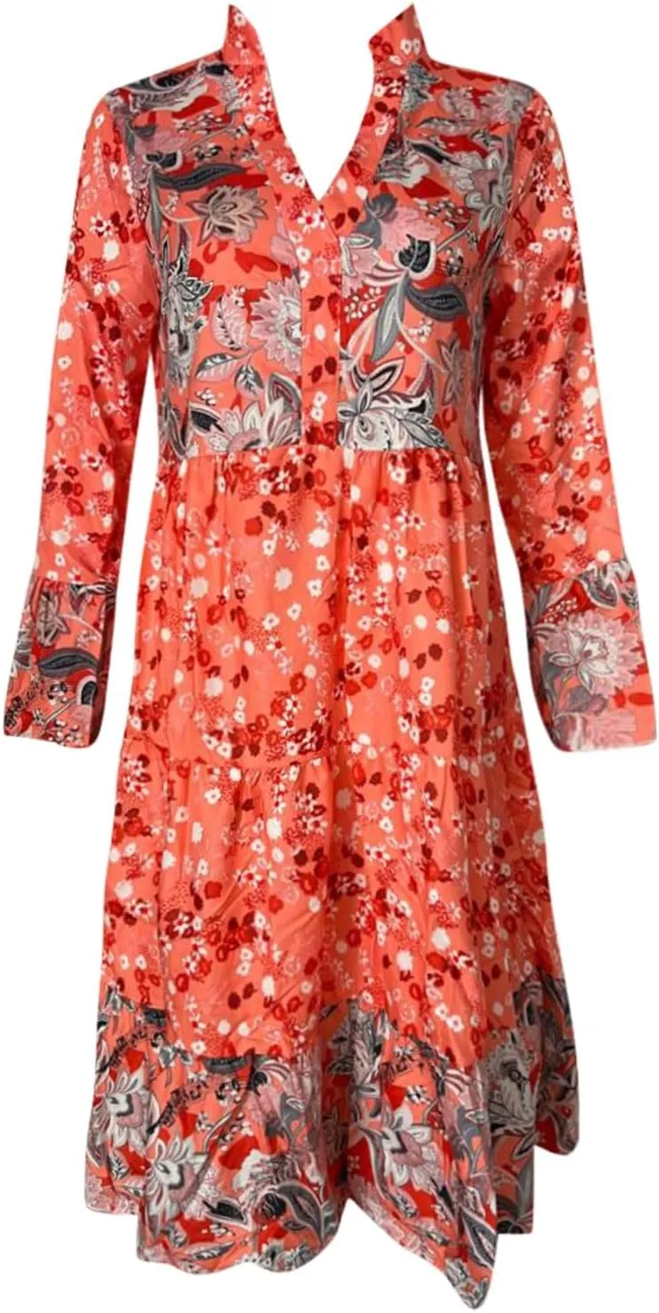 Floral Midi Dresses for Women 3/4 Sleeve Vintage Ruffle Flowy Boho Dress Summer Tassel Tie Neck Vacation Beach Sundress