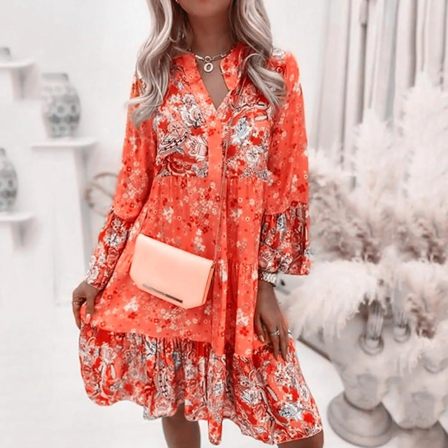 Floral Midi Dresses for Women 3/4 Sleeve Vintage Ruffle Flowy Boho Dress Summer Tassel Tie Neck Vacation Beach Sundress