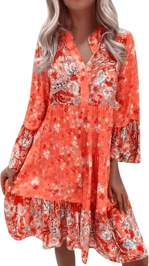 Floral Midi Dresses for Women Long Sleeve Vintage Flowy Ruffle Boho Dress 2025 Summer V Neck Beach Vacation Sundress
