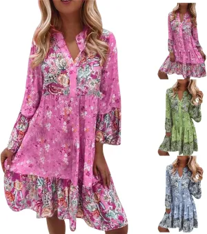 Floral Midi Dresses for Women Long Sleeve Vintage Flowy Ruffle Boho Dress 2025 Summer V Neck Beach Vacation Sundress