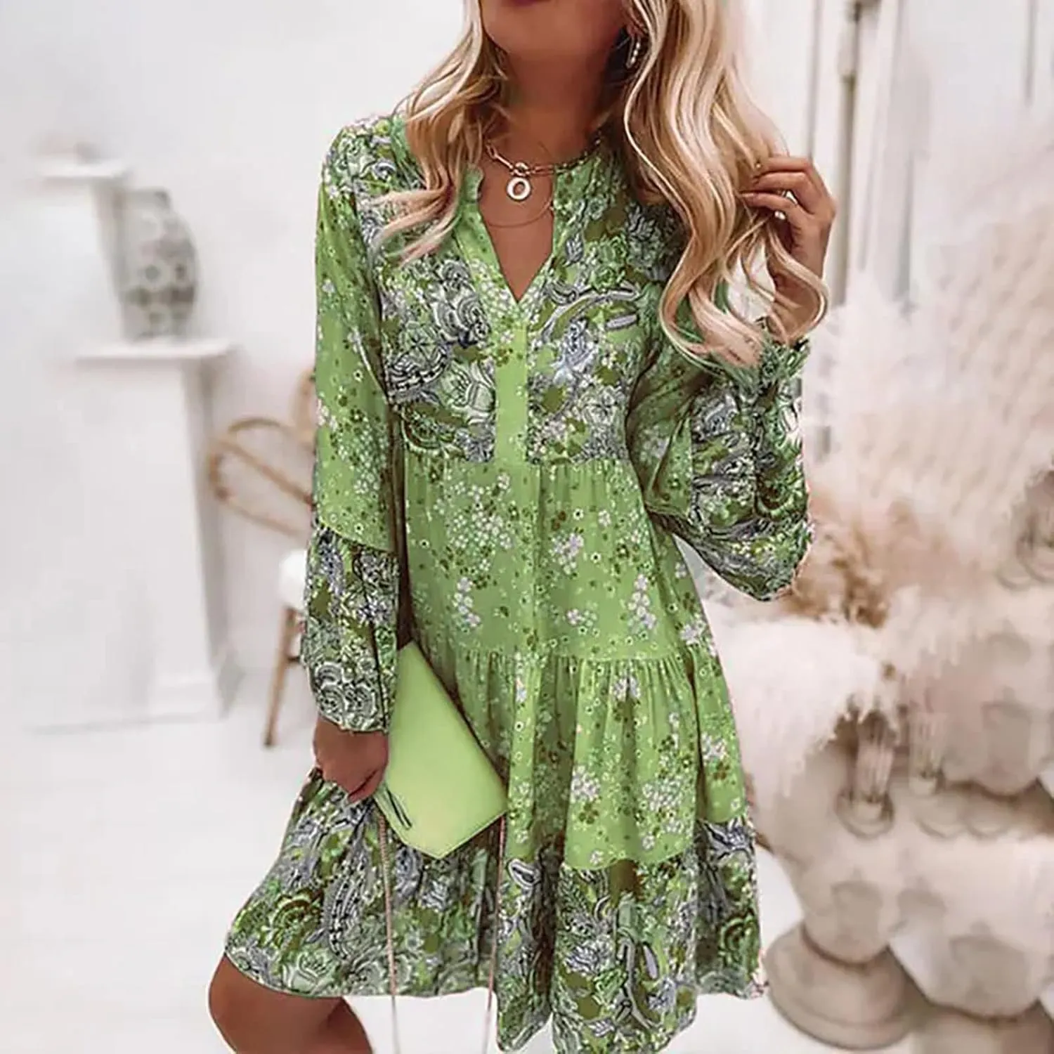 Floral Midi Dresses for Women Long Sleeve Vintage Flowy Ruffle Boho Dress 2025 Summer V Neck Beach Vacation Sundress