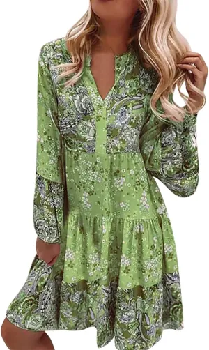 Floral Midi Dresses for Women Long Sleeve Vintage Flowy Ruffle Boho Dress 2025 Summer V Neck Beach Vacation Sundress