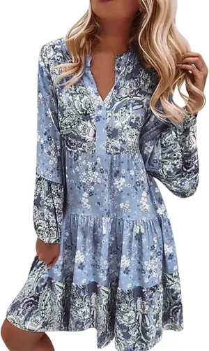 Floral Midi Dresses for Women Long Sleeve Vintage Flowy Ruffle Boho Dress 2025 Summer V Neck Beach Vacation Sundress