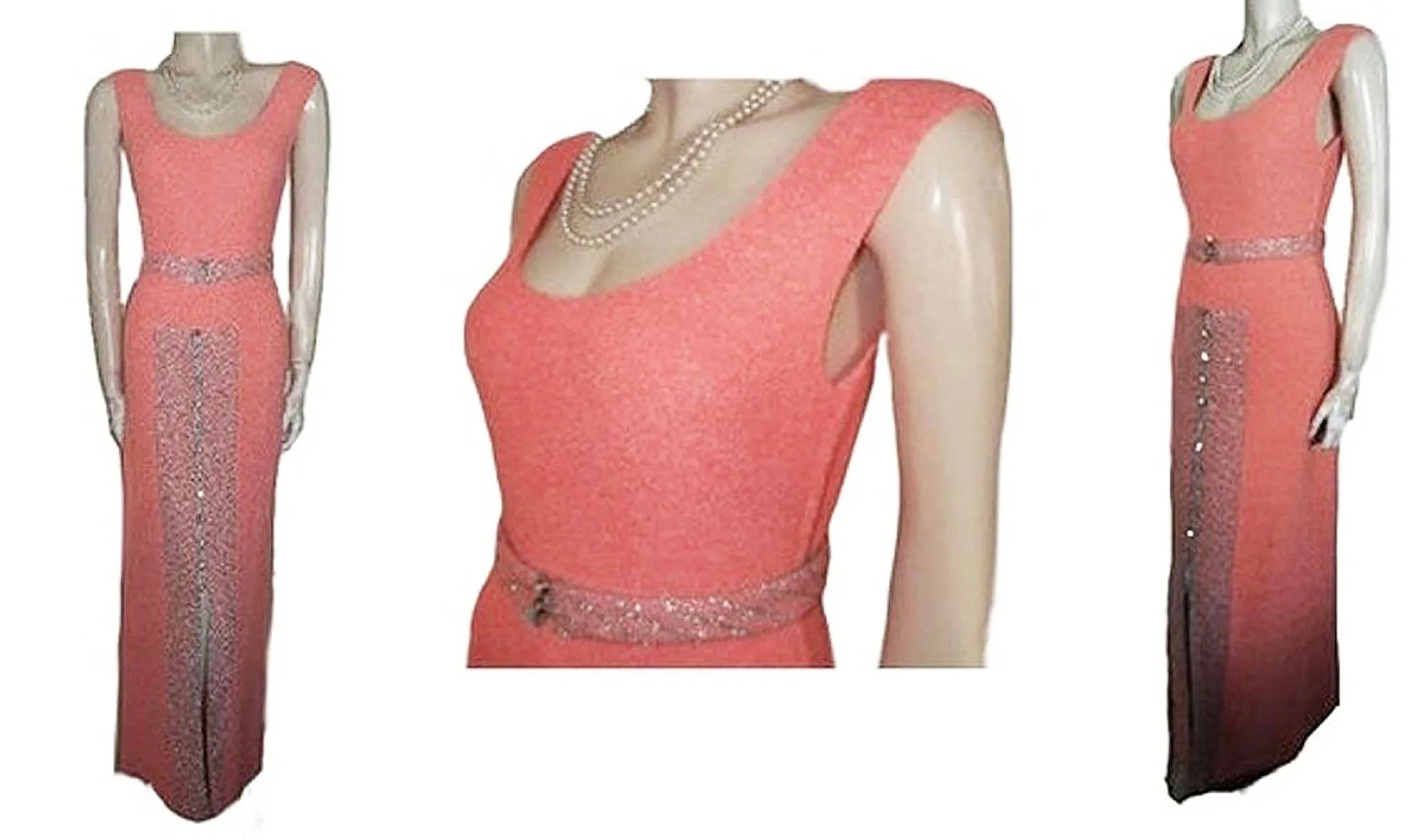 FROM MY OWN PERSONAL COLLECTION - GORGEOUS VINTAGE METALLIC SILVER & PEACH BOUCLE KNIT EVENING GOWN ABLAZE WITH HUGE BRILLIANT PRONG-SET RHINESTONES