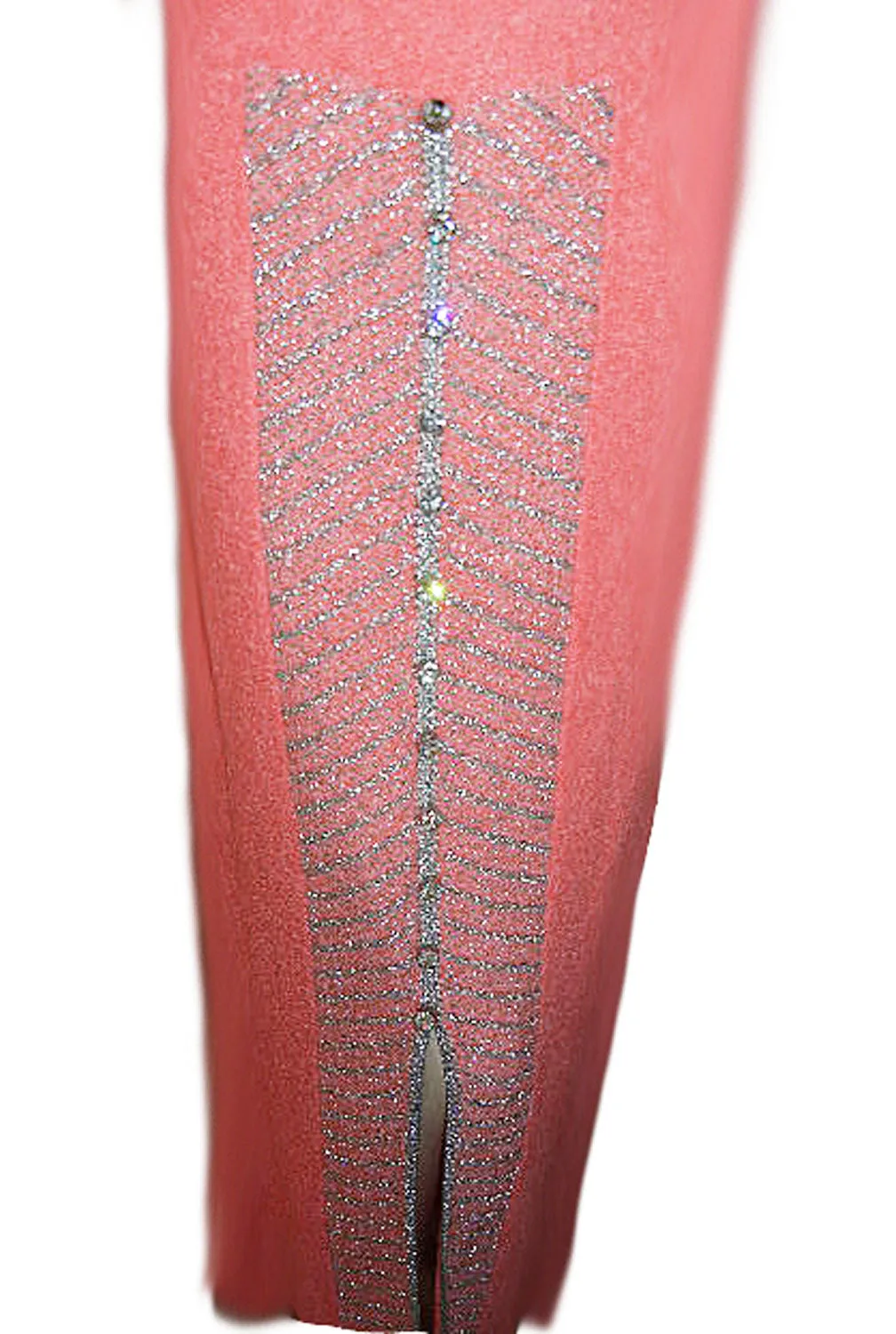 FROM MY OWN PERSONAL COLLECTION - GORGEOUS VINTAGE METALLIC SILVER & PEACH BOUCLE KNIT EVENING GOWN ABLAZE WITH HUGE BRILLIANT PRONG-SET RHINESTONES
