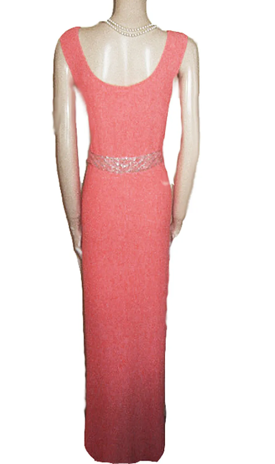 FROM MY OWN PERSONAL COLLECTION - GORGEOUS VINTAGE METALLIC SILVER & PEACH BOUCLE KNIT EVENING GOWN ABLAZE WITH HUGE BRILLIANT PRONG-SET RHINESTONES