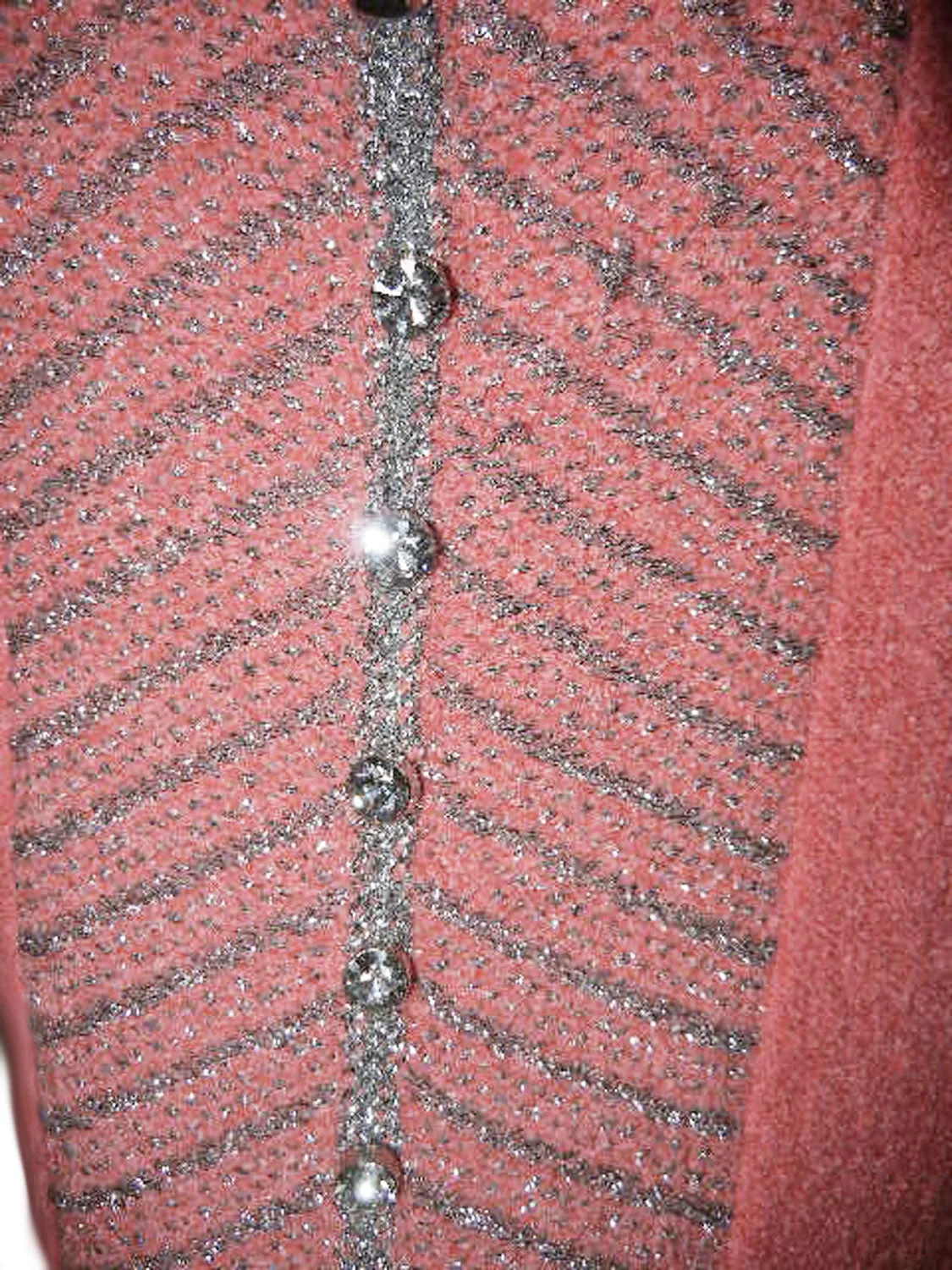 FROM MY OWN PERSONAL COLLECTION - GORGEOUS VINTAGE METALLIC SILVER & PEACH BOUCLE KNIT EVENING GOWN ABLAZE WITH HUGE BRILLIANT PRONG-SET RHINESTONES