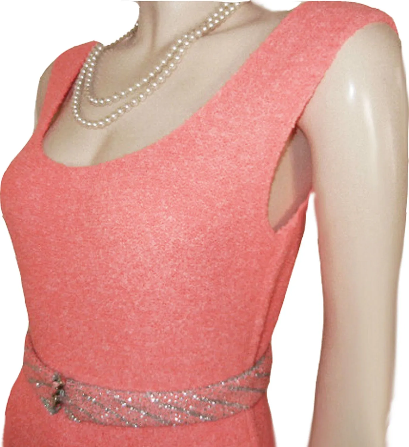 FROM MY OWN PERSONAL COLLECTION - GORGEOUS VINTAGE METALLIC SILVER & PEACH BOUCLE KNIT EVENING GOWN ABLAZE WITH HUGE BRILLIANT PRONG-SET RHINESTONES