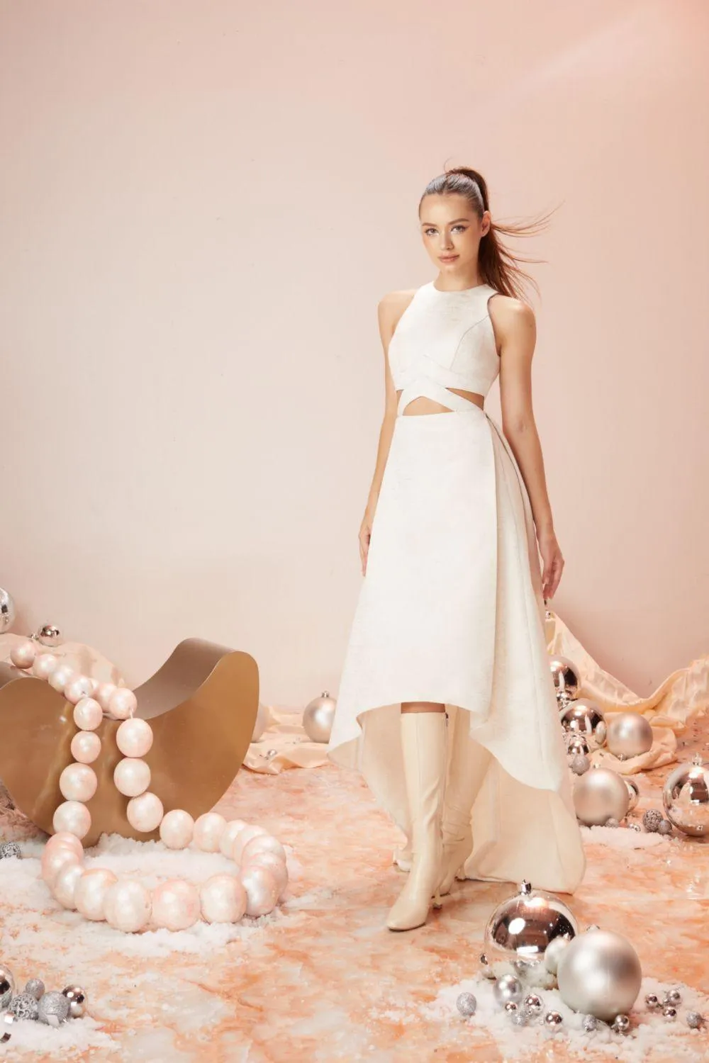 Frosty Asymmetric Round Neck Brocade High-low Dress