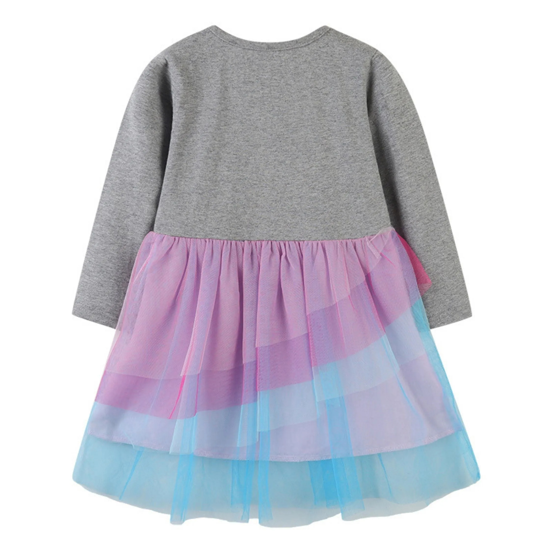 Full Sleeve Rainbow Pattern Girls Dress, Grey