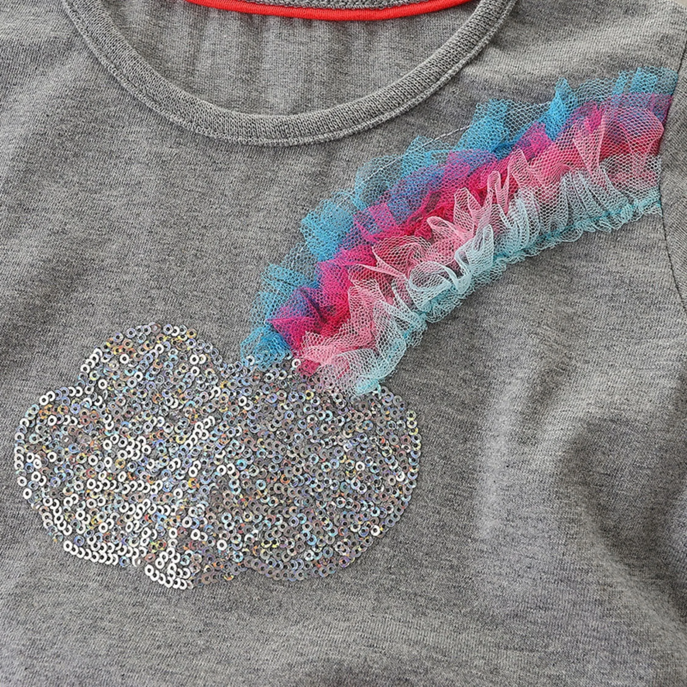 Full Sleeve Rainbow Pattern Girls Dress, Grey