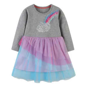 Full Sleeve Rainbow Pattern Girls Dress, Grey