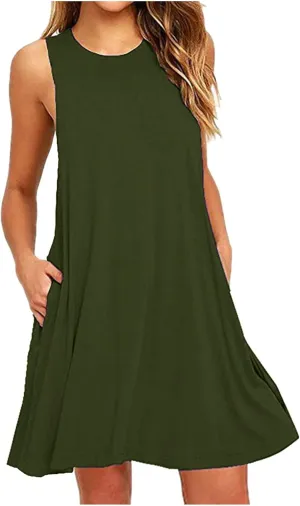 FZYLQY Women's Casual Tank Dress Sleeveless Summer A Line Swing Mini Dress with Side Pockets Loose Fit Comfy Beach Outfit